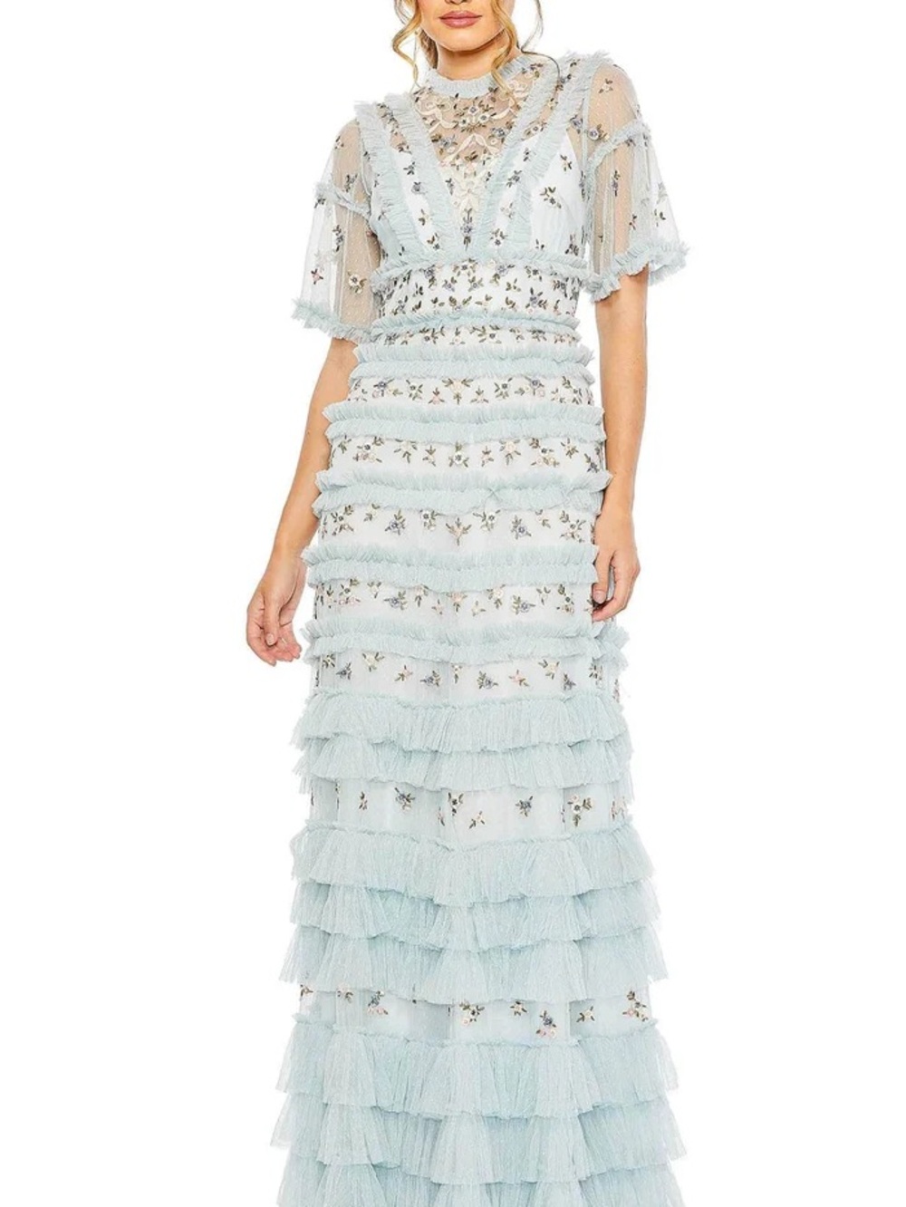 Mac Duggal Light Blue Floral Tiered Ruffle Maxi Dress